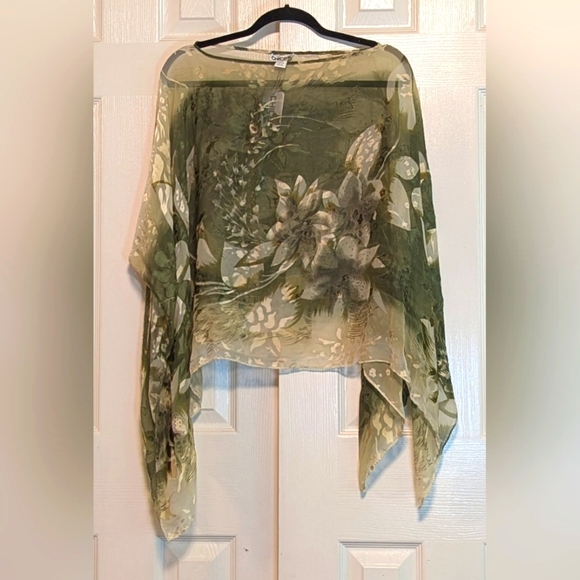 Chico's Silk Blend, Sheer Green Floral Print Poncho - Picture 3 of 5